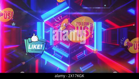 Image of social media reactions over tunnel made of moving neon lights Stock Photo