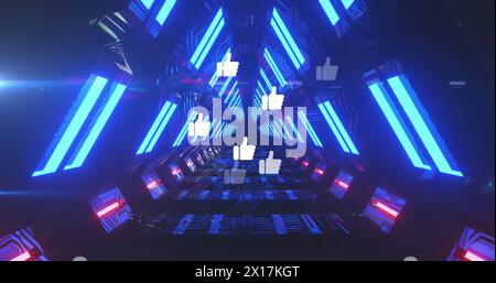 Image of social media reactions over tunnel made of moving neon lights Stock Photo