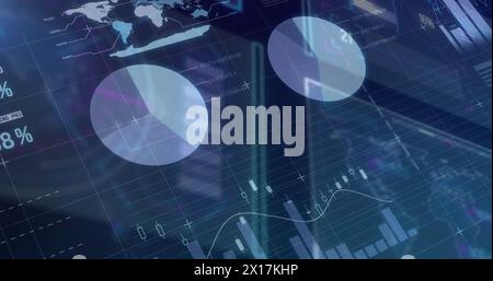 Statistical data processing over digital interface with data processing against blue background Stock Photo