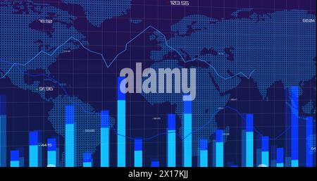 Digital interface with data processing over world map against blue background Stock Photo