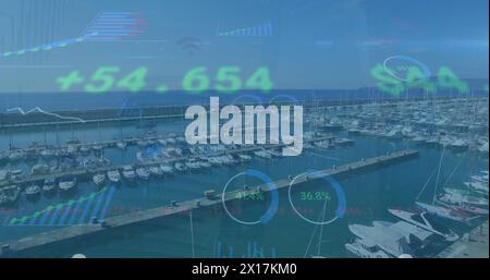 Image of financial data processing over port Stock Photo