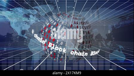 Image of globe with binary coding, network of connections and data processing Stock Photo