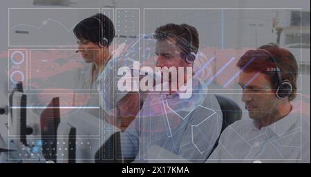 Image of data processing and brain over diverse business people in office Stock Photo