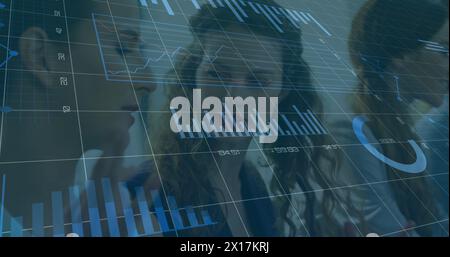 Image of statistical data processing over two caucasian woman discussing at office Stock Photo