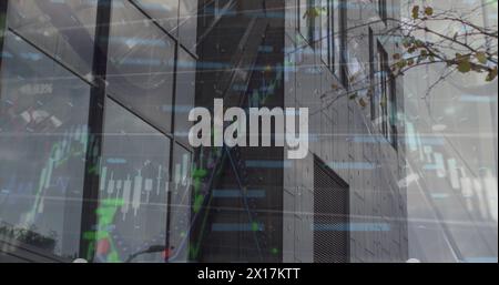 Image of financial data processing against tall building Stock Photo