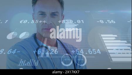 Image of statistical data processing and spots of light against caucasian male doctor Stock Photo
