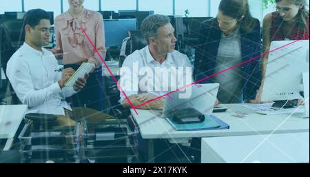 Image of financial data processing over diverse businesspeople in office Stock Photo