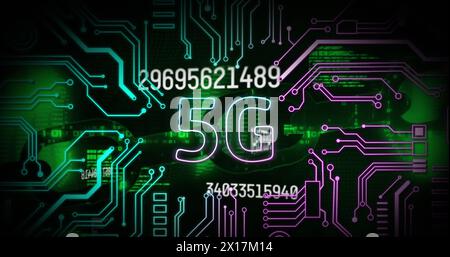 Image of 5g text, computer data processing over circuit board Stock Photo