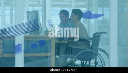 Image of data processing over asian businessman and businesswoman Stock Photo