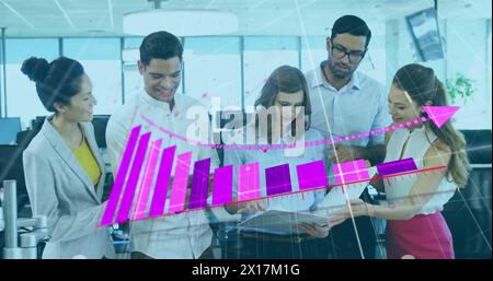 Image of financial data processing over diverse businesspeople in office Stock Photo
