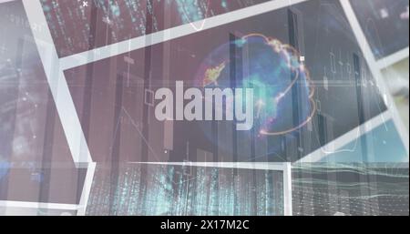 Image of statistics and data processing over screens Stock Photo