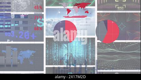 Image of statistics and data processing over screens Stock Photo