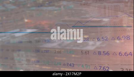 Image of data processing, diagrams and stock market over cityscape Stock Photo