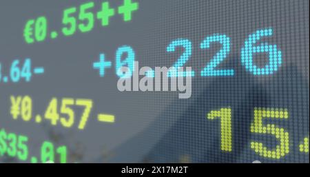 Image of data processing and stock market over cityscape Stock Photo