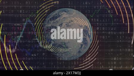 Image of light trails over globe with binary coding Stock Photo