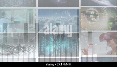 Image of statistics and data processing over screens Stock Photo