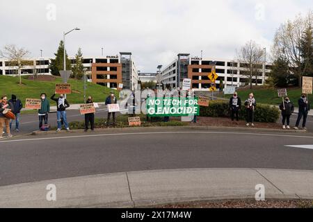 Hillsboro, USA. 15th Apr, 2024. Small groups of demonstrators protested the war in Gaza at Hillsboro, Oregon's Intel manufacturing facilities on April 15, 2024. This was a local part of a countrywide protest, by means of economic blockages, against Israel (where Intel is building a new chip plant) and its war in Gaza. (Photo by John Rudoff/Sipa USA) Credit: Sipa USA/Alamy Live News Stock Photo
