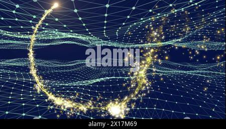 Image of digital fireworks moving over dots interconnecting with lines and forming triangles Stock Photo