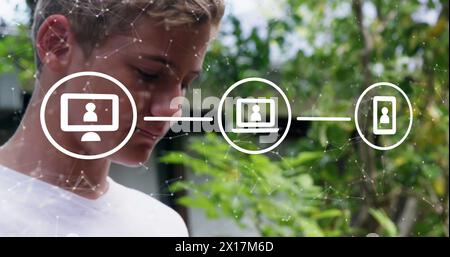 Image of numbers processing over biracial over biracial smiling Stock Photo
