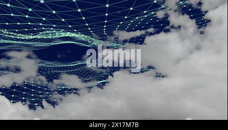 Image of clouds and dots interconnecting with lines and forming triangles against sky Stock Photo