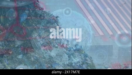 Image of data processing over rubbish dump Stock Photo