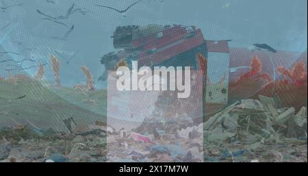 Image of data processing over rubbish dump Stock Photo