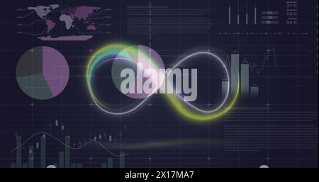 Image of neon infinity shape over statistical data processing against black background Stock Photo