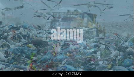 Image of data processing over rubbish dump Stock Photo