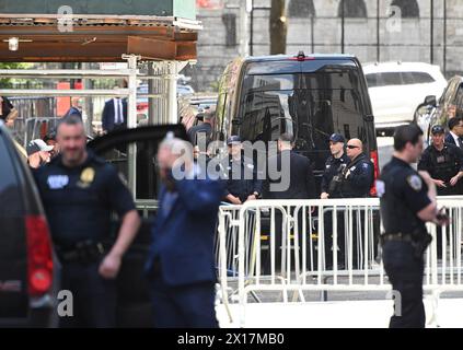 New York, United States. 15th Apr, 2024. A strong police presence is seen near District Attorney Alvin Bragg's office where former President Donald Trump arrived for his trial on Monday, April 15, 2024 in New York. Jury selection began today in the criminal hush money trial of former President Donald Trump who is accused of falsifying business records to hide his affair with adult film actress Stormy Daniels. Photo by Louis Lanzano/UPI Credit: UPI/Alamy Live News Stock Photo
