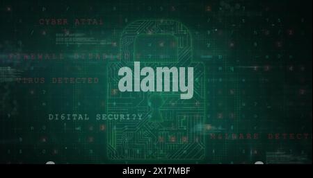 Image of cyber attack warning text, padlock and data processing over circuit board Stock Photo