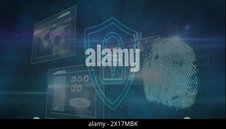Image of biometric fingerprint, padlock and data processing over screens Stock Photo