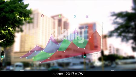 Image of digital data processing and graph over cityscape Stock Photo