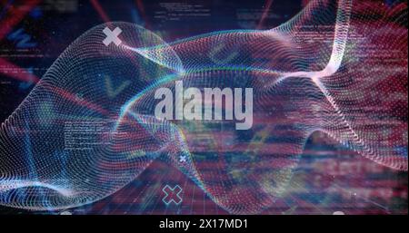 Image of waves and shapes over data processing in digital space Stock Photo