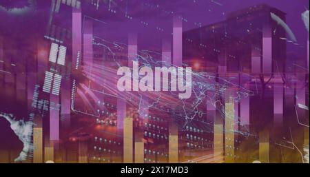 Image of moving columns over and screen with financial data Stock Photo