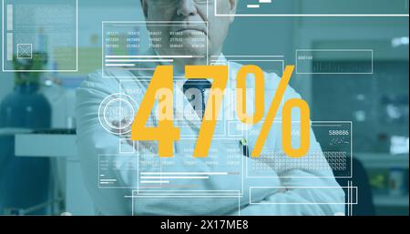 Image of data processing and percent over caucasian male scientist in lab Stock Photo
