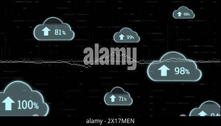 Image of cloud icons and data processing on black background Stock Photo