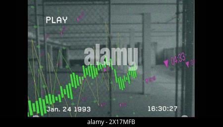 Image of interference with purple lines and data processing over building interior Stock Photo