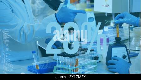 Image of data processing and percent over scientists in lab Stock Photo