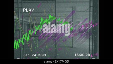 Image of interference with purple lines and data processing over building interior Stock Photo