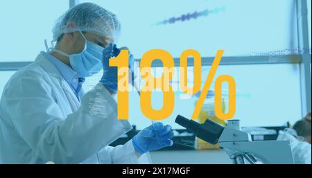 Image of data processing and percent over caucasian male scientist in lab Stock Photo