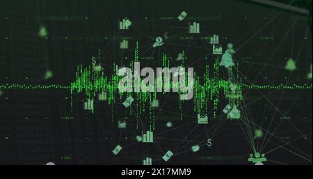 Image of green soundwaves and multiple icons connected with lines in globe shape over numbers Stock Photo