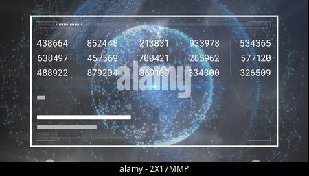 Image of digital screen with changing numbers and loading bars over globe with connected dots Stock Photo