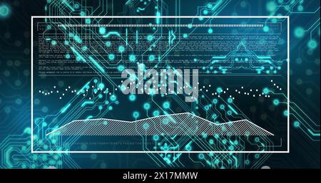 Image of screen with computer language and graphs over electronic circuit board pattern Stock Photo