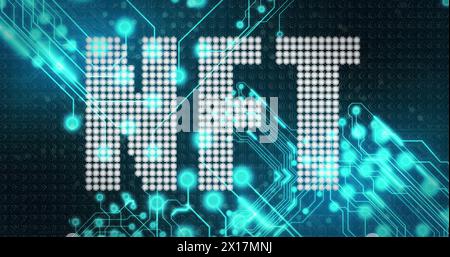 Image of illuminated nft text over electronic circuit board patterns Stock Photo