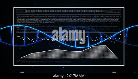 Image of dna helix over display screen with computer language, graphs and numbers Stock Photo