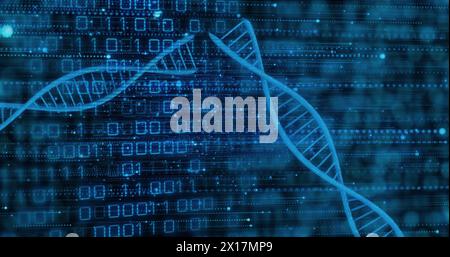 Image of illuminated blue dna helix and binary codes over moving lines and dots Stock Photo