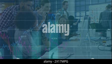 Image of statistical data processing over diverse colleagues discussing over computer at office Stock Photo