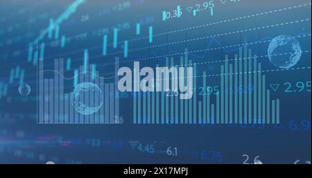Image of bubbles and data processing over blue background Stock Photo