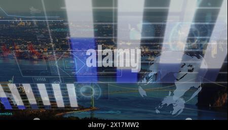 Image of round scanners and data processing against aerial view of cityscape Stock Photo
