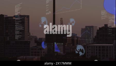 Image of round scanners and data processing against aerial view of cityscape Stock Photo